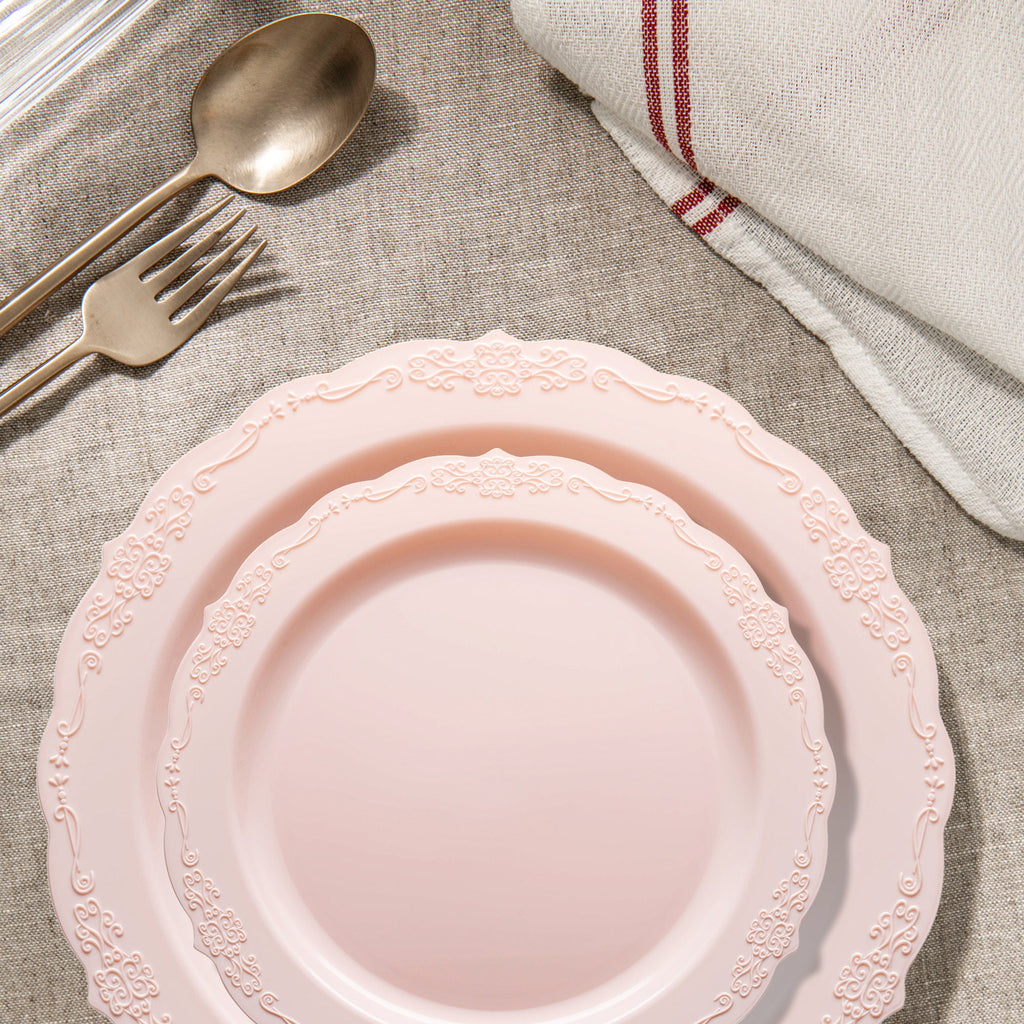 Pink Vintage Round Disposable Plastic Dinnerware Value Set