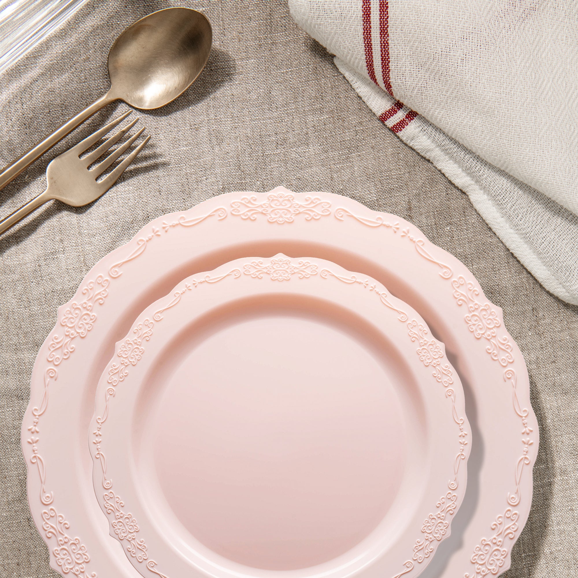 Pink Vintage Round Disposable Plastic Dinnerware Value Set