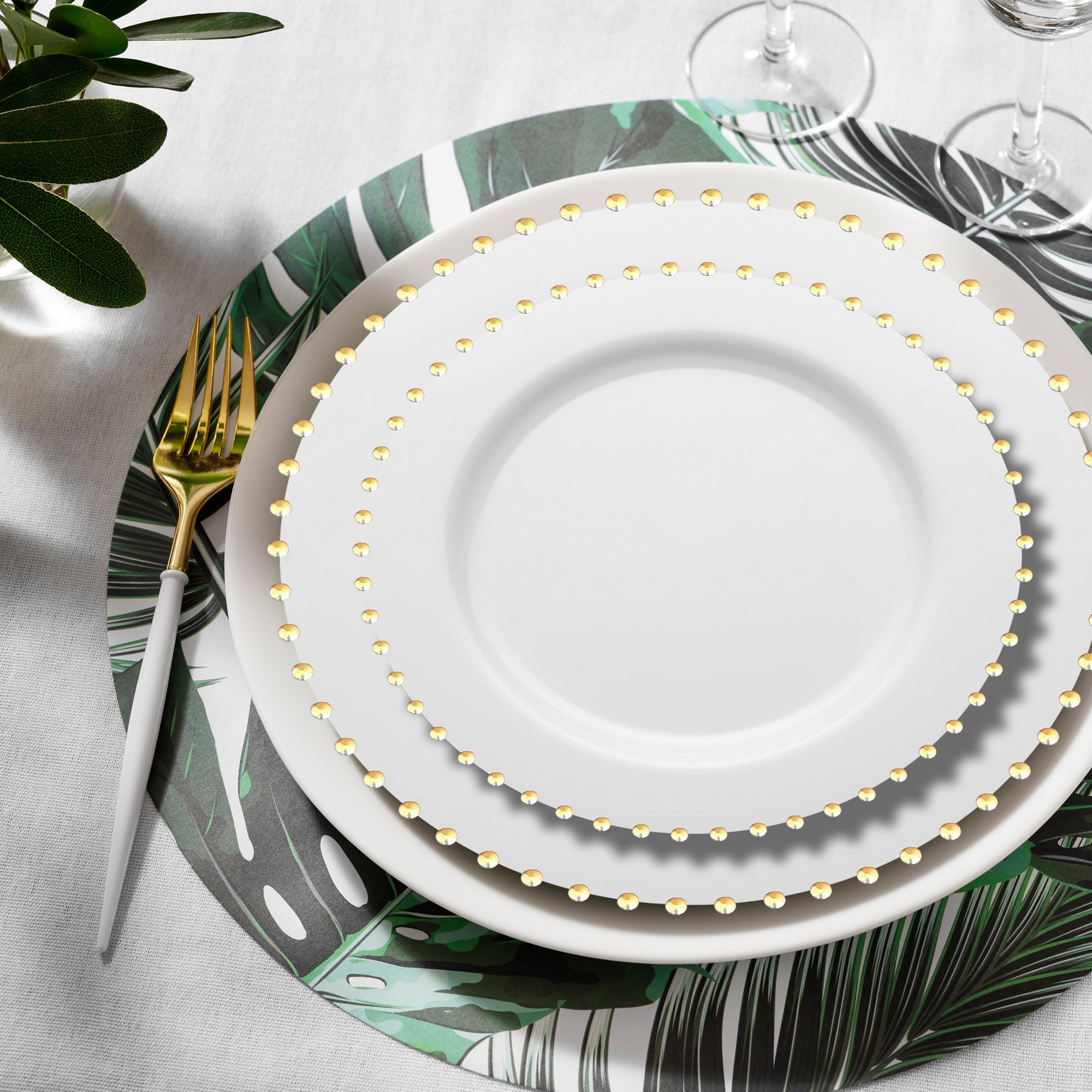 White with Gold Pearl String Round Disposable Plastic Dinnerware Value Set