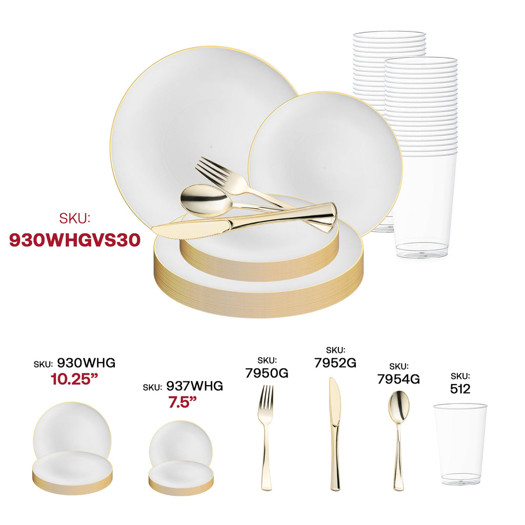 White with Gold Rim Organic Round Disposable Plastic Wedding Value Set
