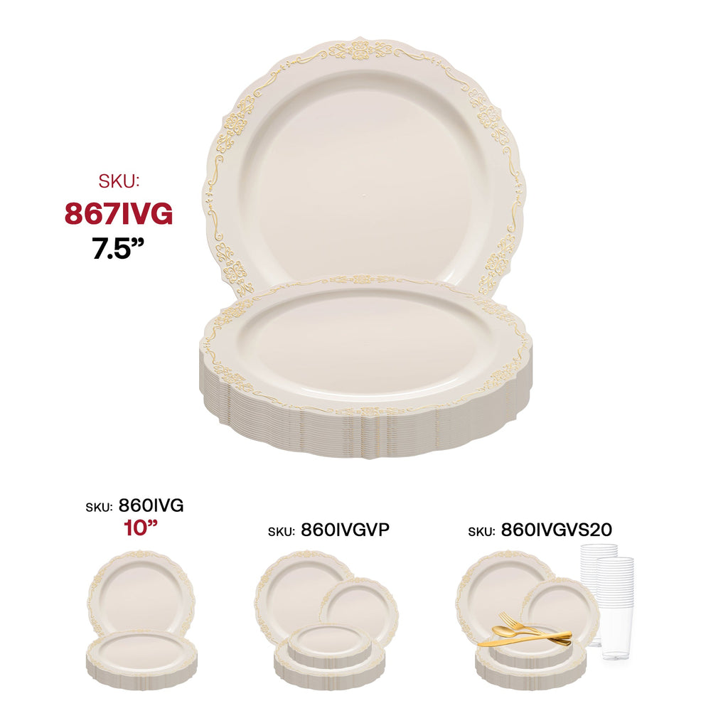 Ivory with Gold Vintage Rim Round Disposable Plastic Appetizer/Salad Plates (7.5")
