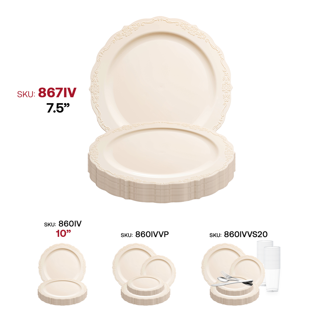 Ivory Vintage Round Disposable Plastic Appetizer/Salad Plates (7.5")