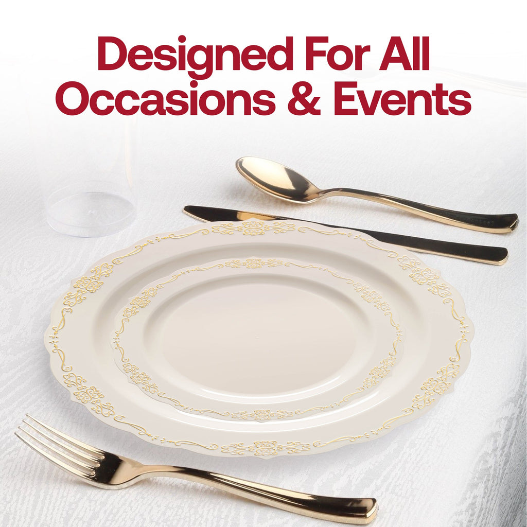 Ivory with Gold Vintage Rim Round Disposable Plastic Appetizer/Salad Plates (7.5")