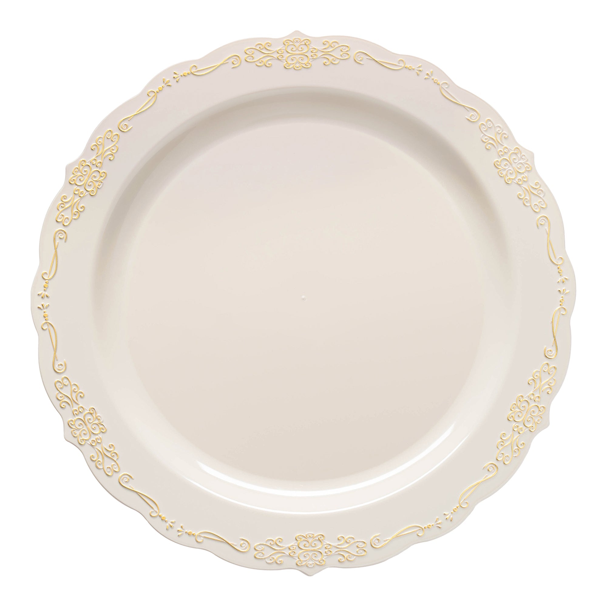 Ivory with Gold Vintage Rim Round Disposable Plastic Appetizer/Salad Plates (7.5")