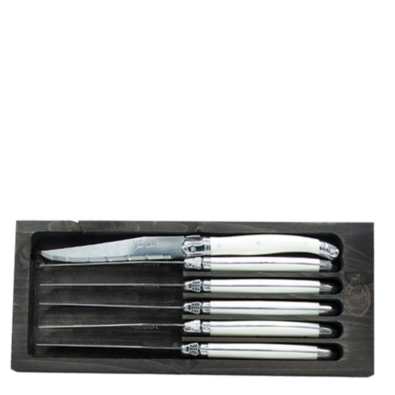 Laguiole Set of 6 Steak Knives with White Handles in Black Tray