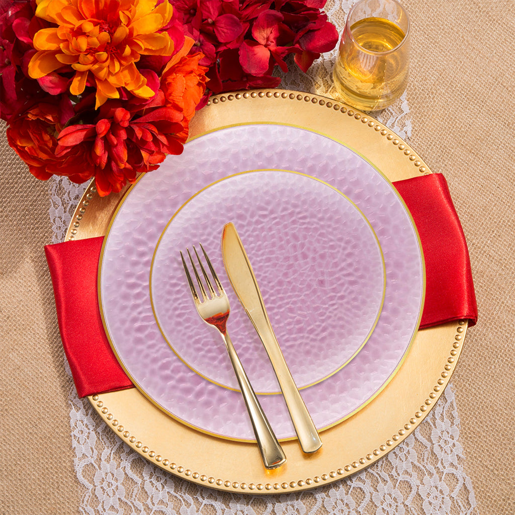 Clear Pink with Gold Rim Hammered Glass Disposable Plastic Wedding Value Set