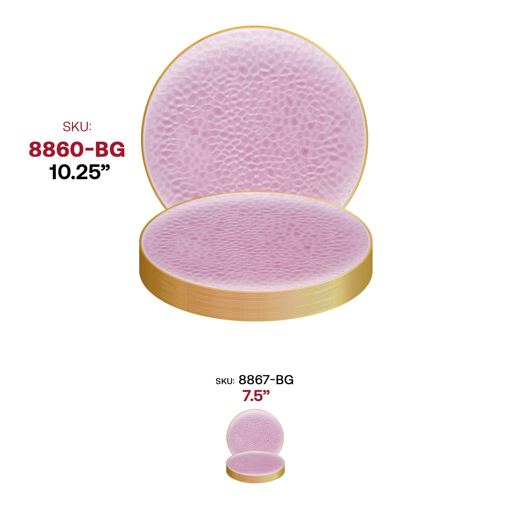 Clear Pink with Gold Rim Hammered Glass Disposable Plastic Dinner Plates (10.25")