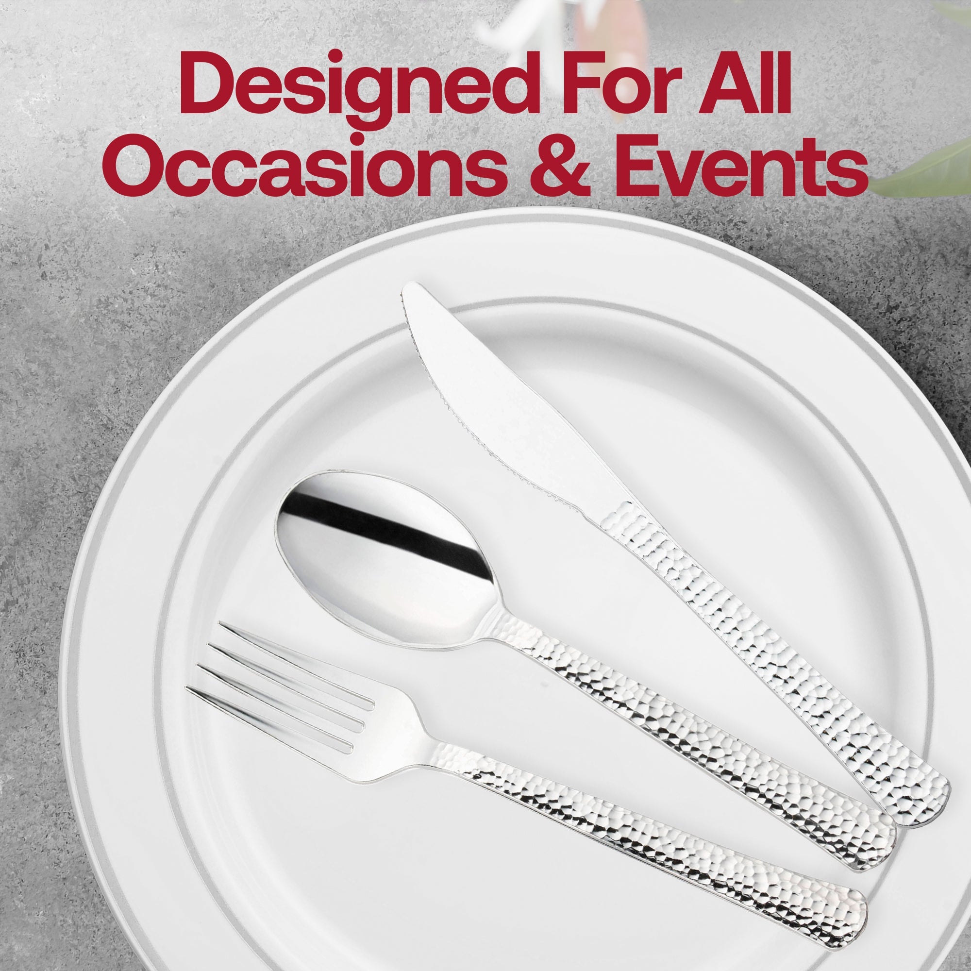 Shiny Metallic Silver Hammered Plastic Cutlery Set