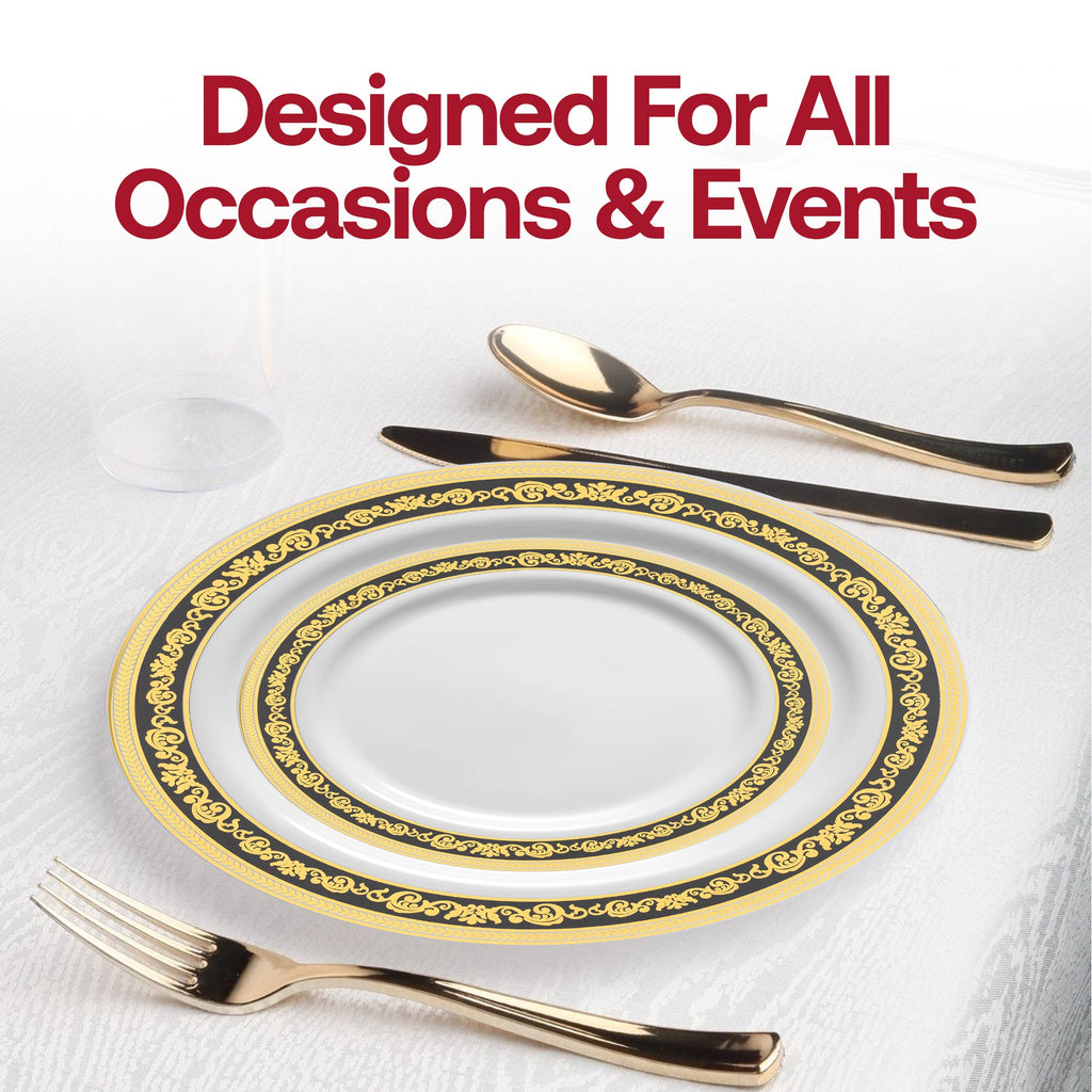 White with Black and Gold Royal Rim Plastic Dinner Plates (10.25")