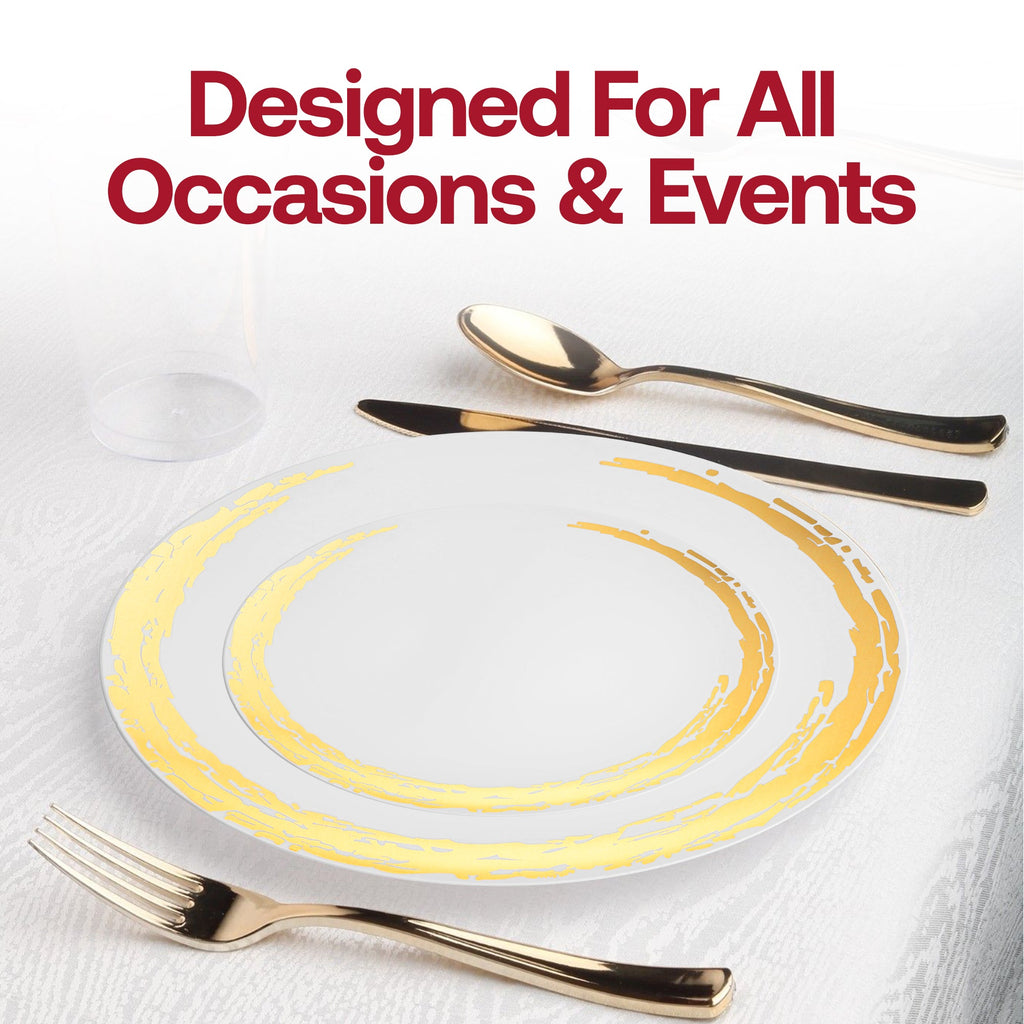 White with Gold Moonlight Round Disposable Plastic Appetizer/Salad Plates (7.5")