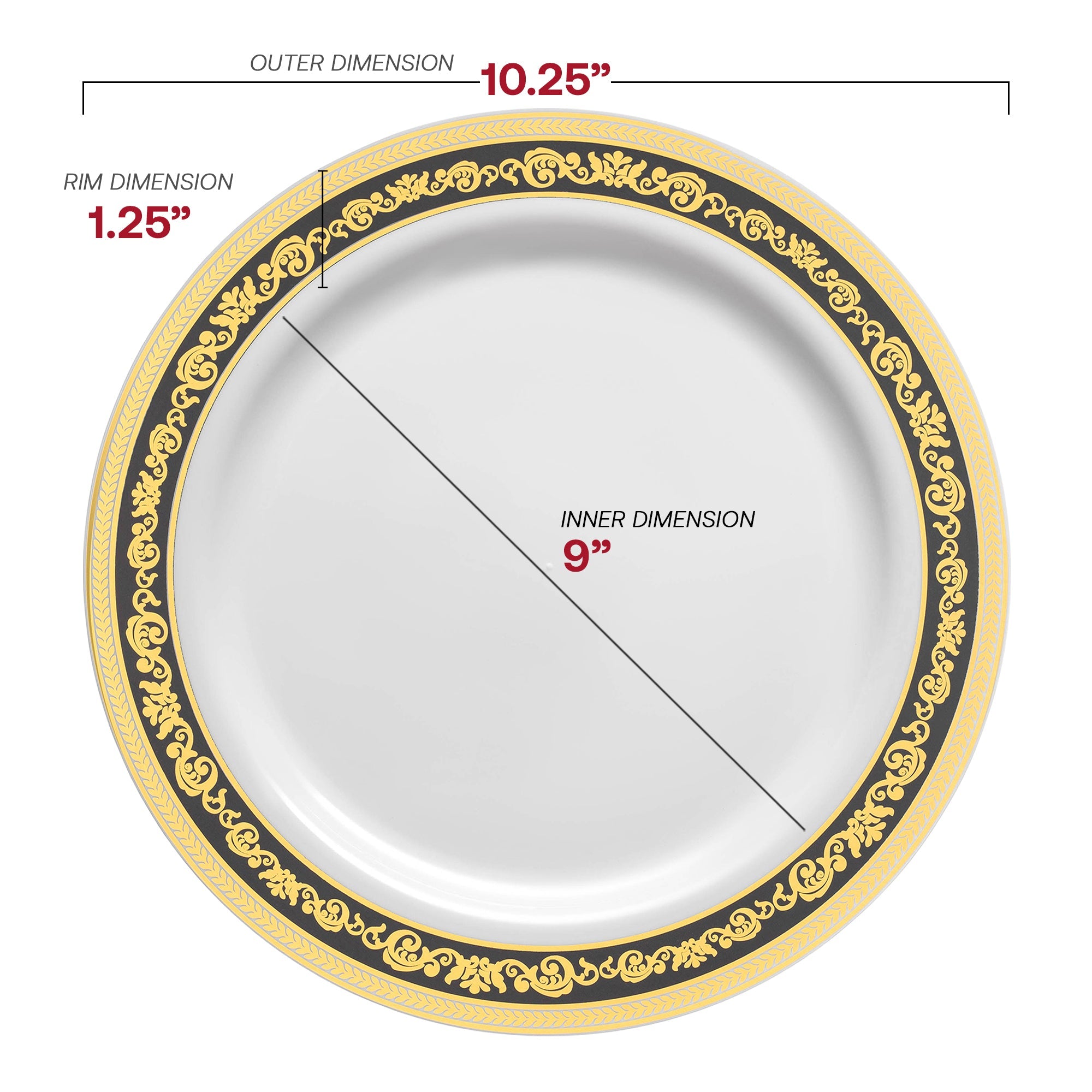 White with Black and Gold Royal Rim Plastic Dinnerware Value Set