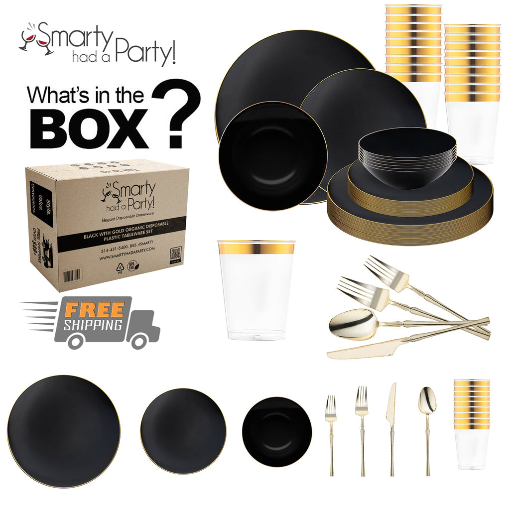Black with Gold Organic Disposable Plastic Tableware Set