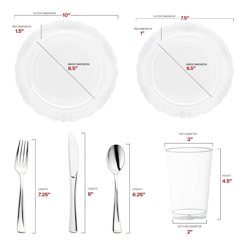 Clear with Silver Vintage Rim Round Disposable Plastic Wedding Value Set