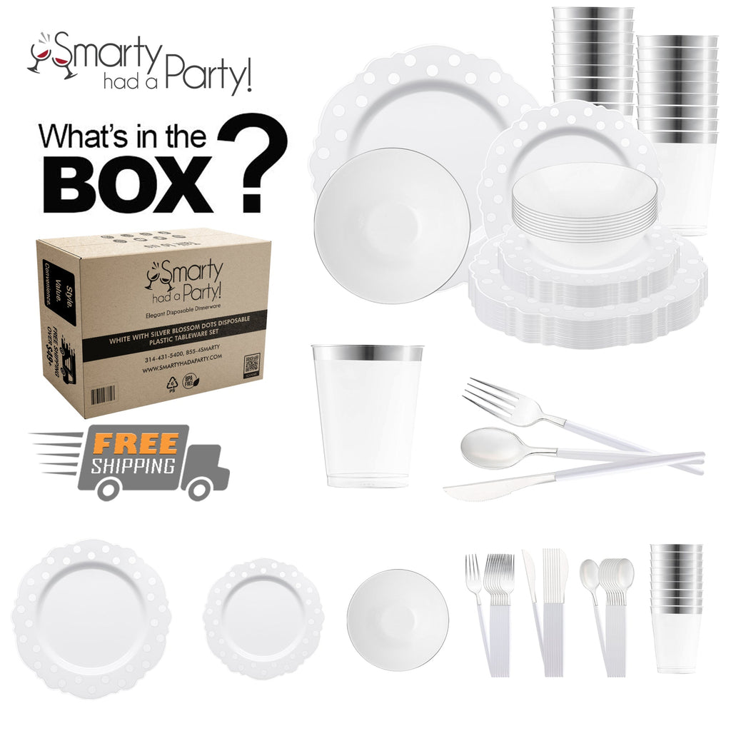 White with Silver Blossom Dots Disposable Plastic Tableware Set