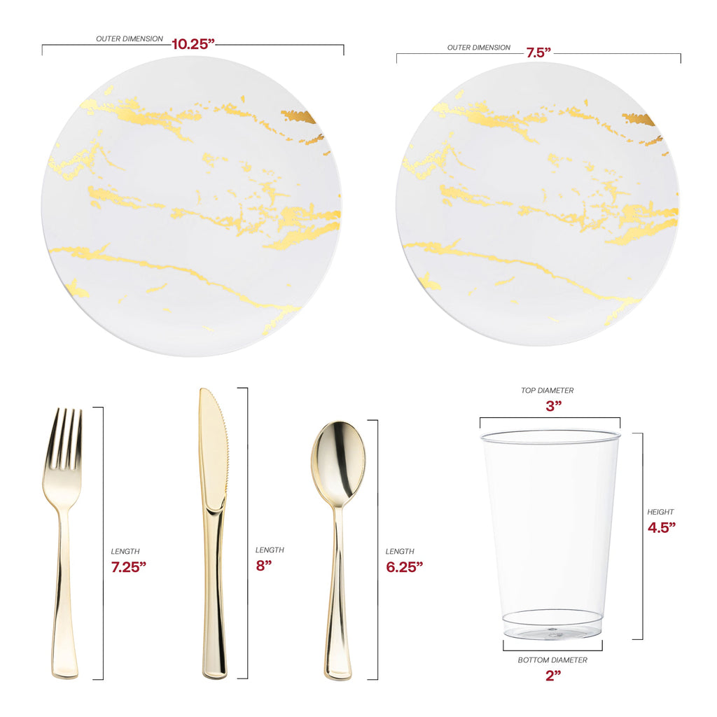 White with Gold Marble Stroke Round Disposable Plastic Wedding Value Set