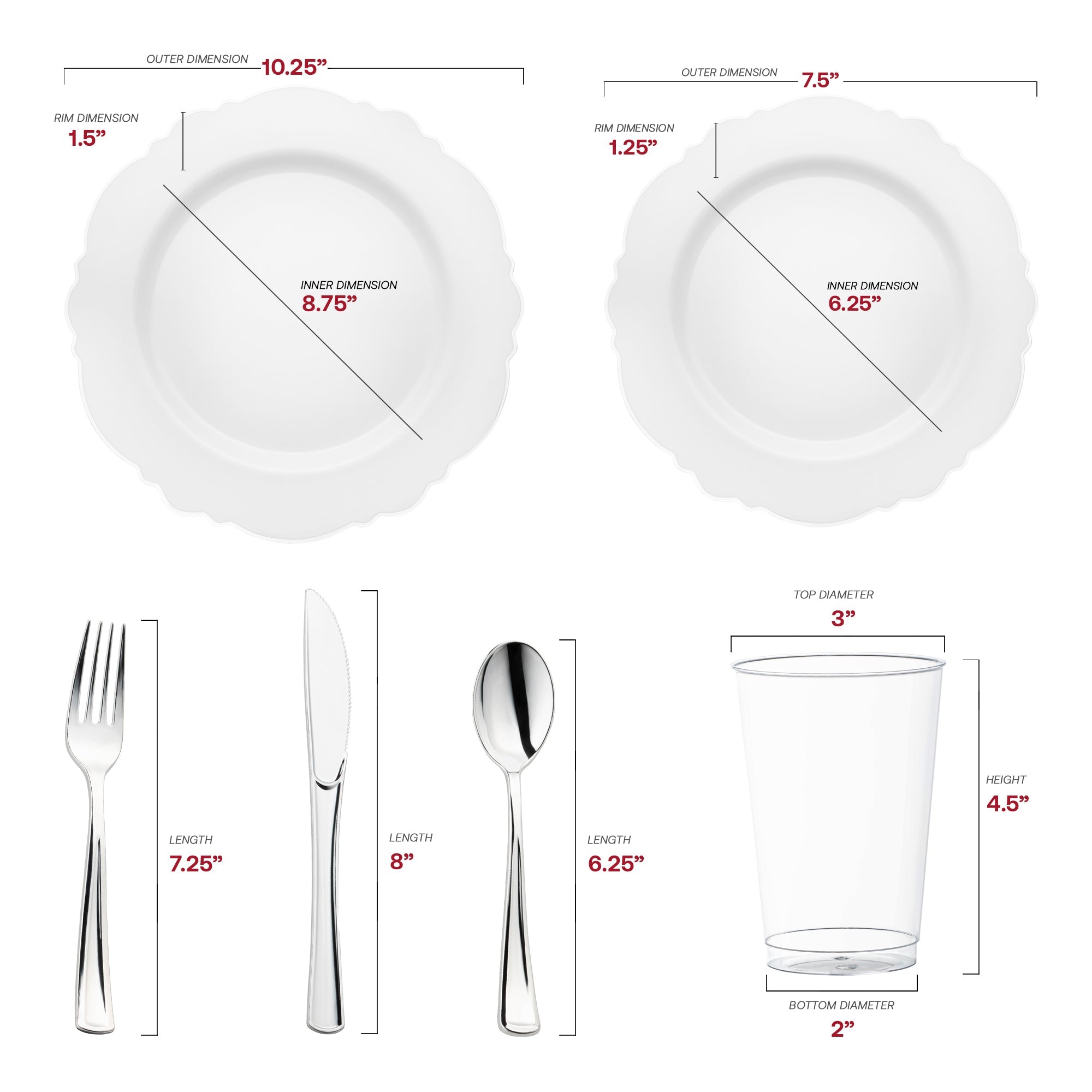 White with Silver Rim Round Blossom Disposable Plastic Wedding Value Set