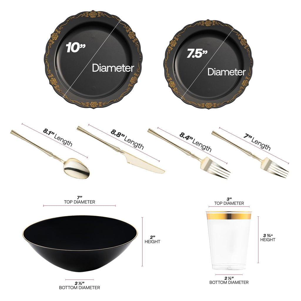 Black with Gold Vintage Disposable Plastic Tableware Set