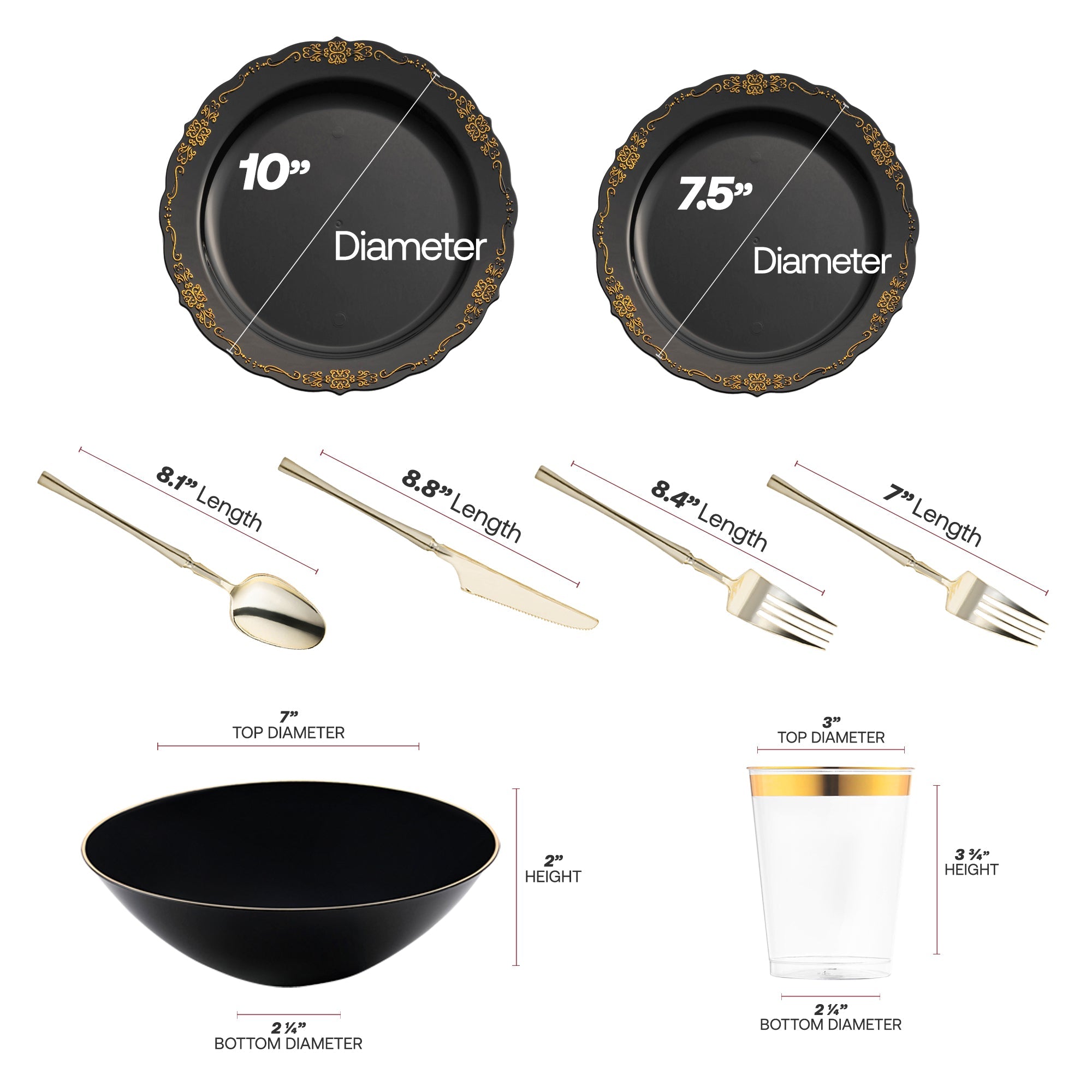 Black with Gold Vintage Disposable Plastic Tableware Set