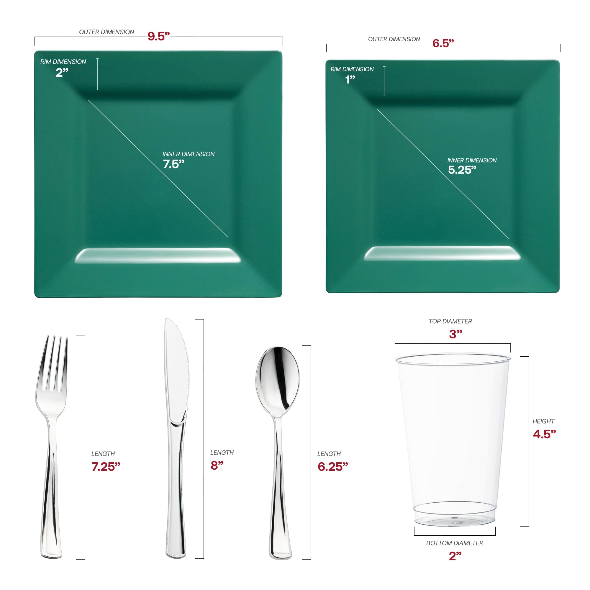 Hunter Green Square Plastic Plates Wedding Value Set