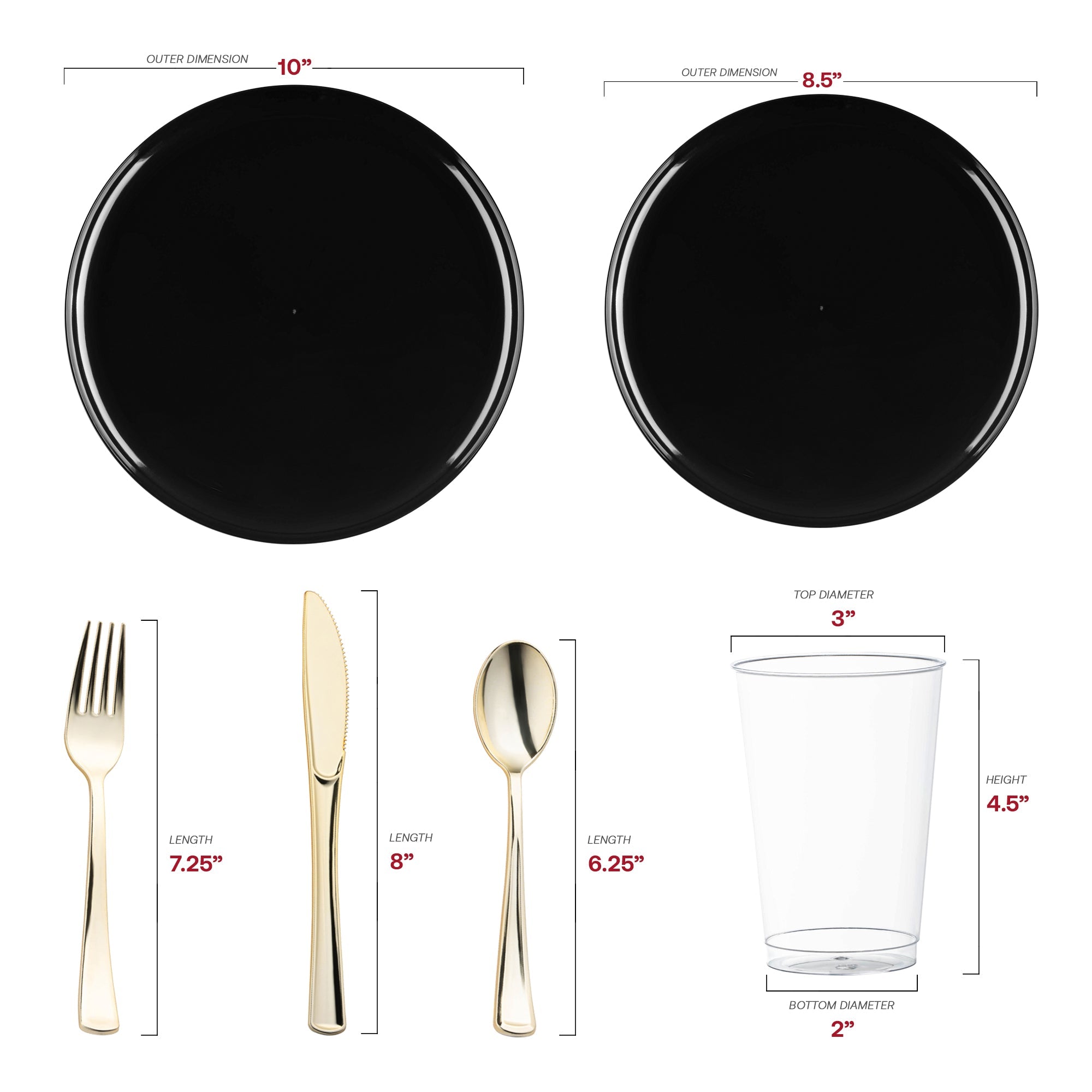 Black Flat Round Disposable Plastic Wedding Value Set