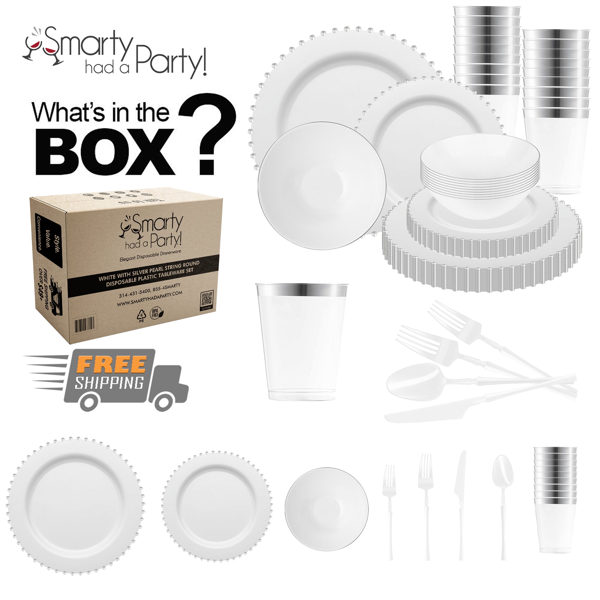 White with Silver Pearl String Round Disposable Plastic Tableware Set