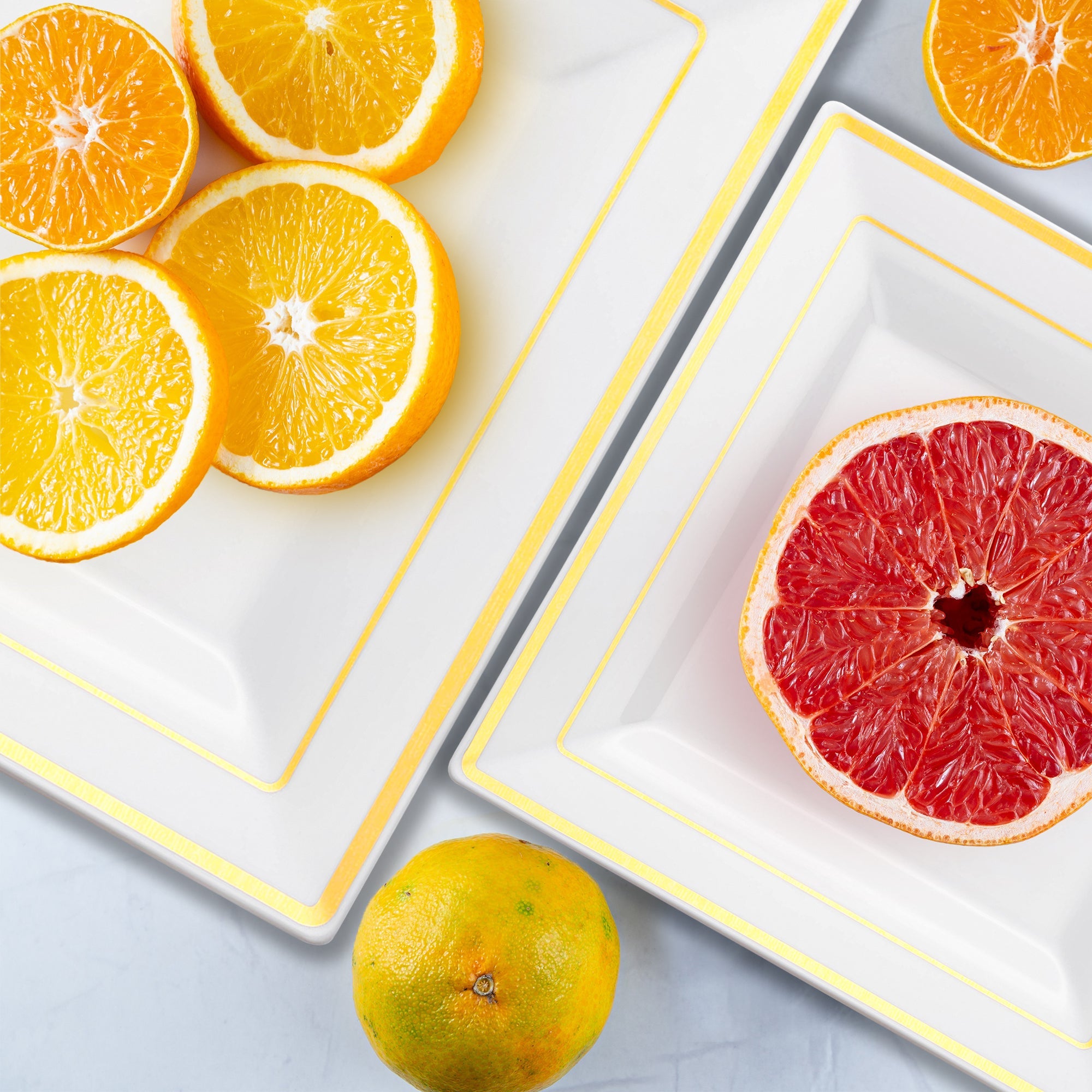 White with Gold Square Edge Rim Plastic Dinner Plates (9.5")