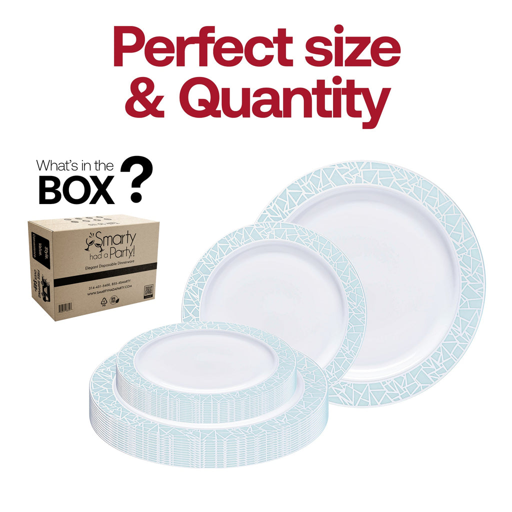 White with Turquoise Blue and Silver Mosaic Rim Round Plastic Dinnerware Value Set