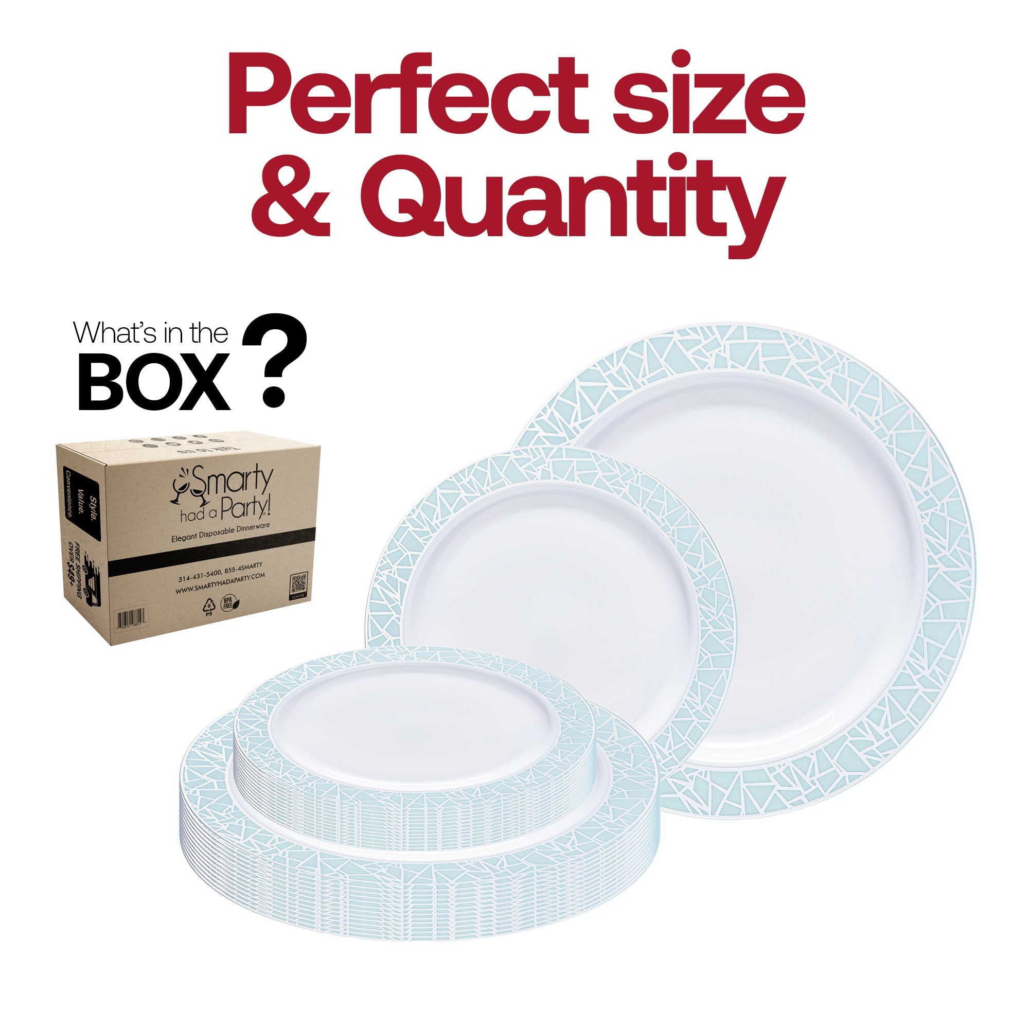 White with Turquoise Blue and Silver Mosaic Rim Round Plastic Dinnerware Value Set