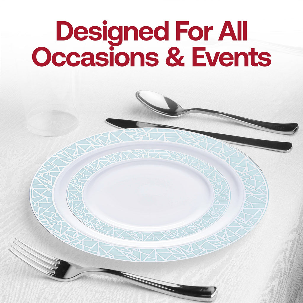 White with Turquoise Blue and Silver Mosaic Rim Round Plastic Dinnerware Value Set