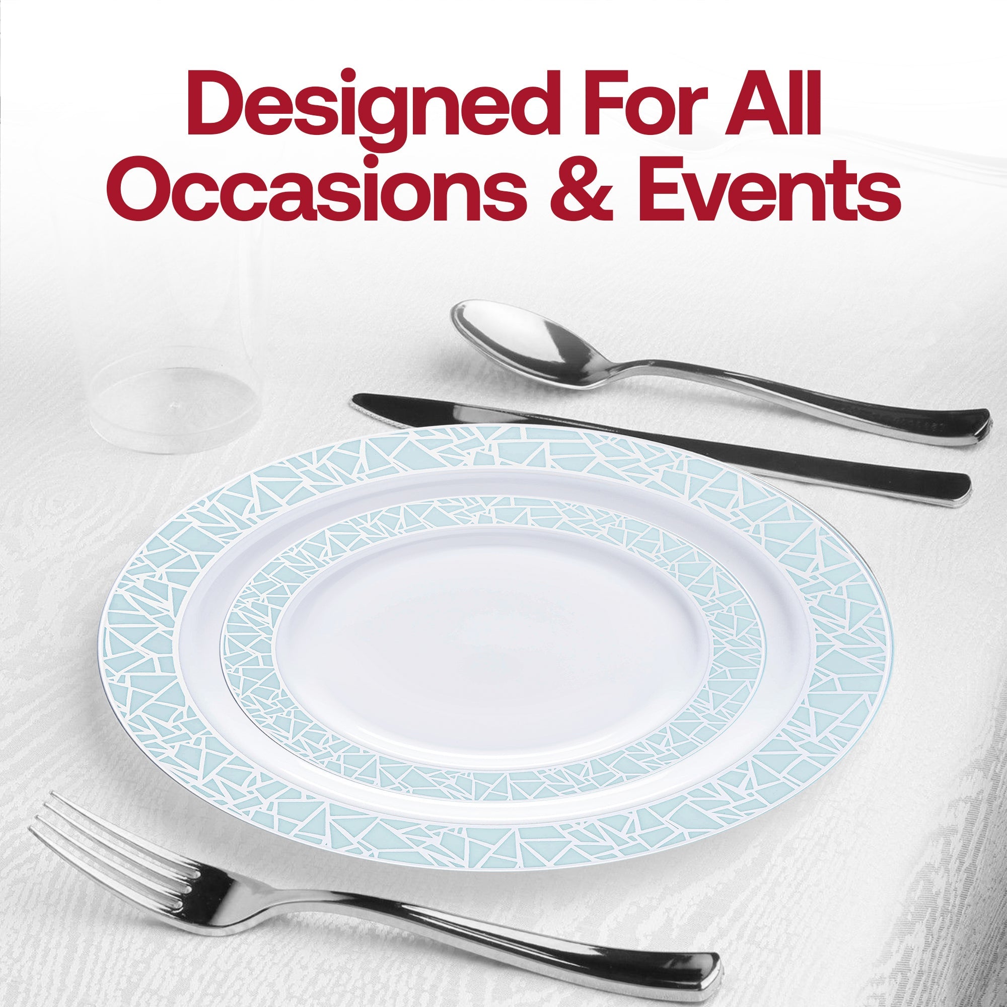 White with Turquoise Blue and Silver Mosaic Rim Round Plastic Dinnerware Value Set