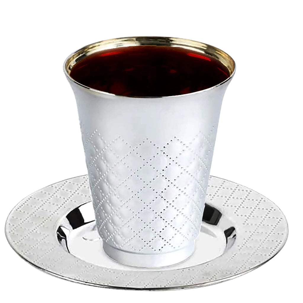 Aluminum Silver Round Plastic Saucers and Kiddush Cup Value Set (Shiny Metallic )