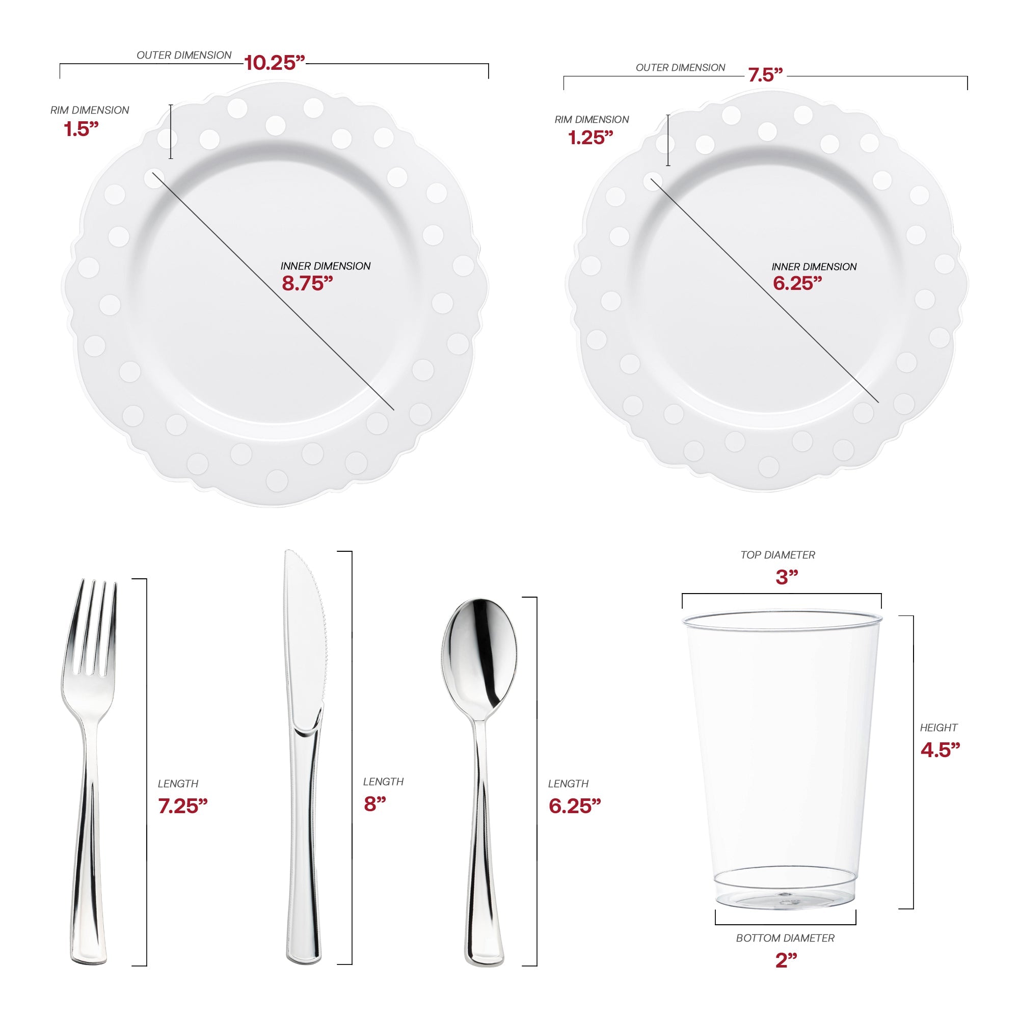 White with Silver Dots Round Blossom Disposable Plastic Wedding Value Set