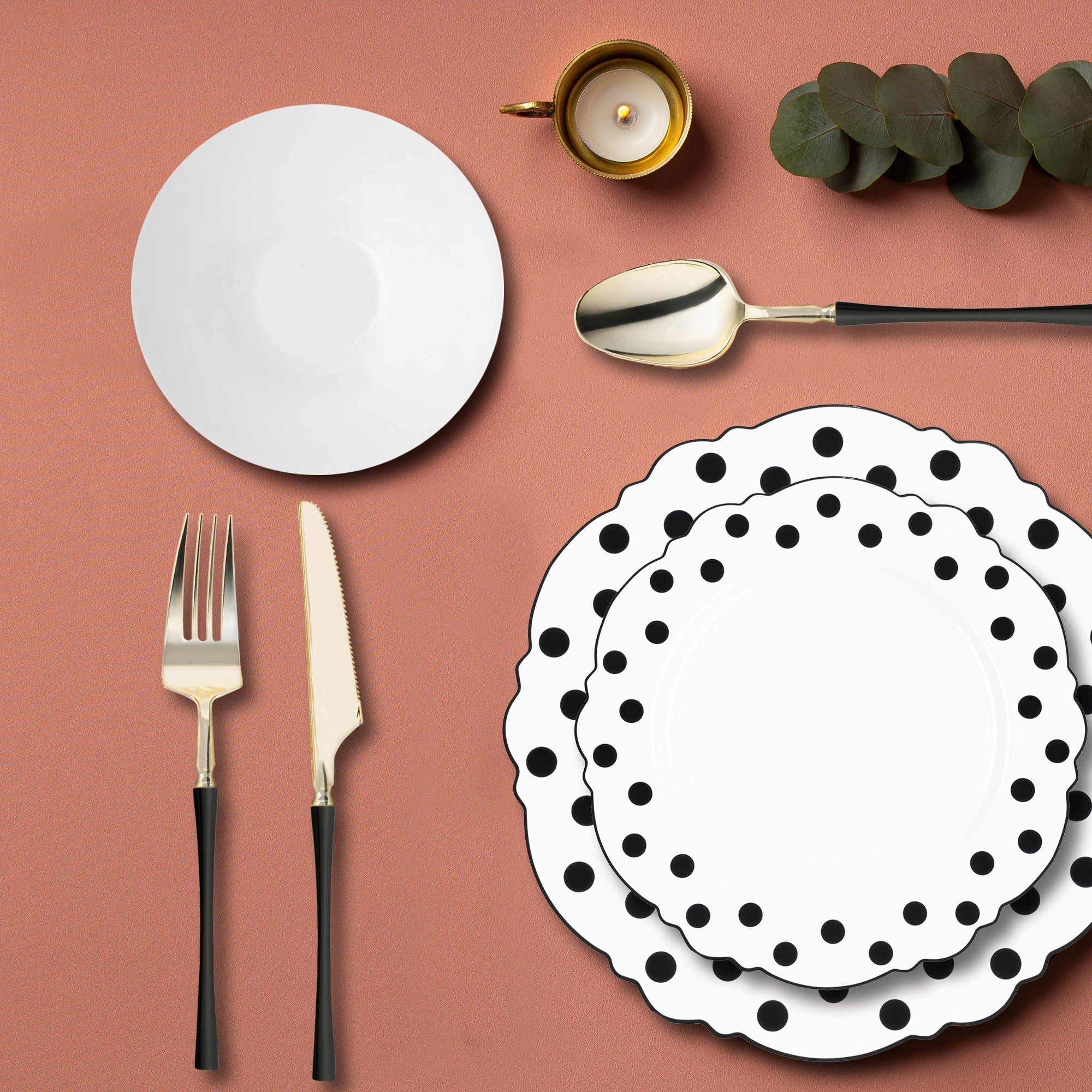 White with Black Blossom Dots Disposable Plastic Tableware Set