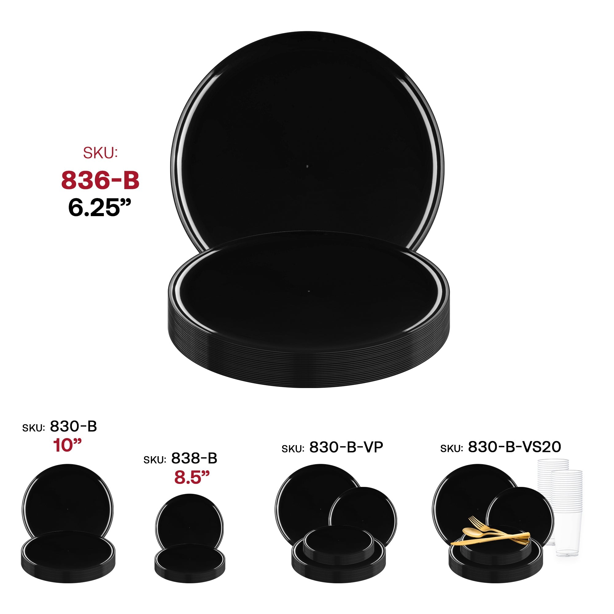 Black Flat Round Disposable Plastic Pastry Plates (6.25")