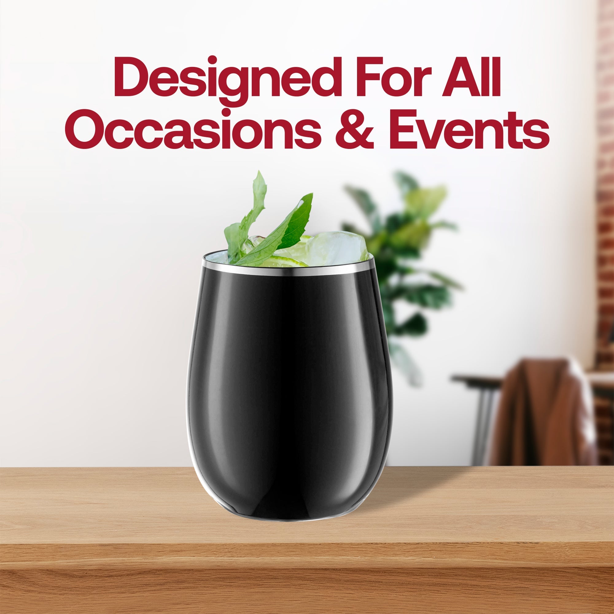 Black with Silver Elegant Stemless Plastic Wine Glasses (12 oz. )