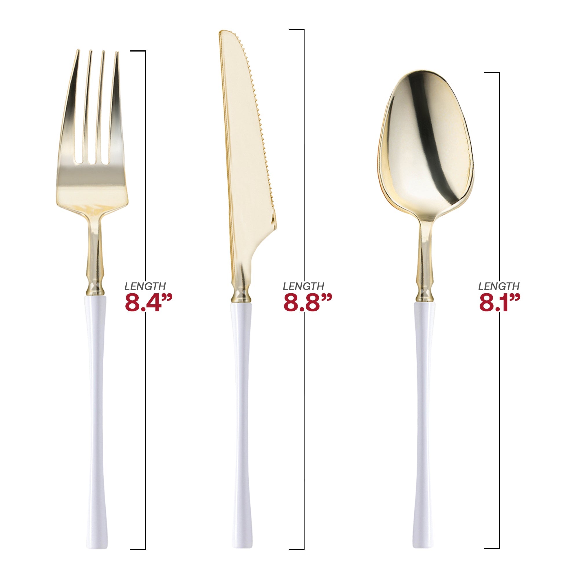 Gold with White Handle Moderno Disposable Plastic Cutlery Set - 20 Spoons, 20 Forks and 20 Knives