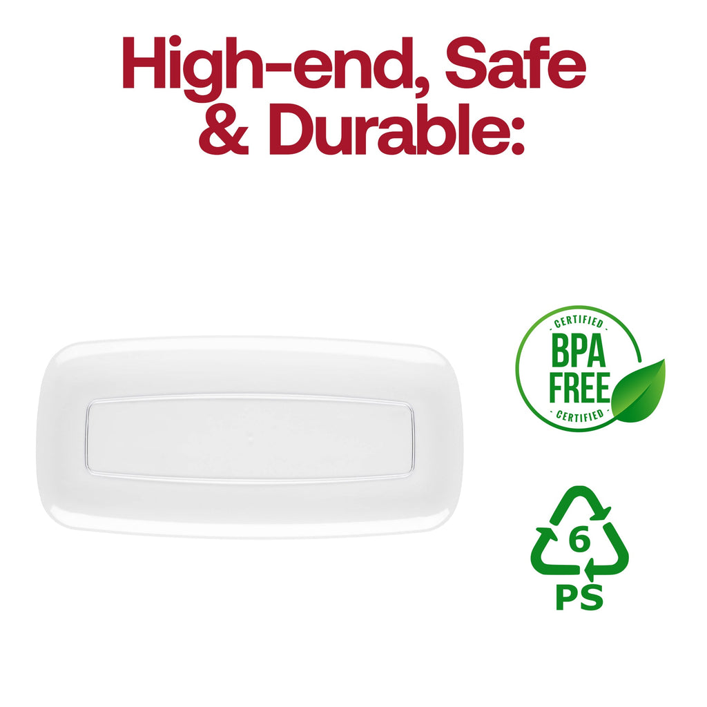 Solid Clear Flat Raised Edge Rectangular Disposable Plastic Plates (10.6" x 5")