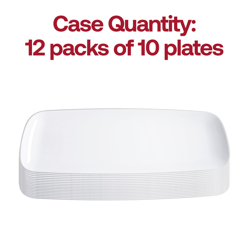 White with Silver Rim Flat Raised Edge Rectangular Disposable Plastic Plates (10.6" x 5")