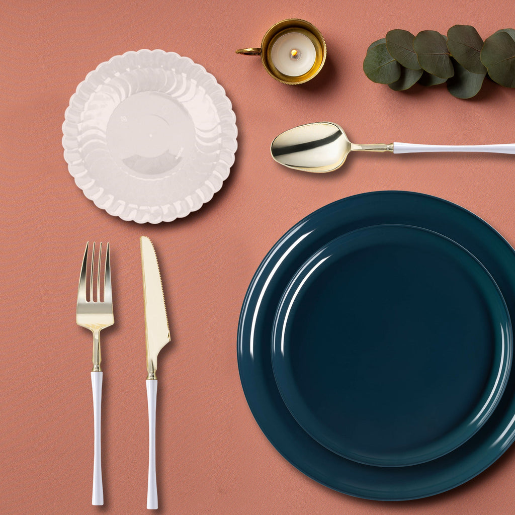 Navy Flat Round Disposable Plastic Tableware Set