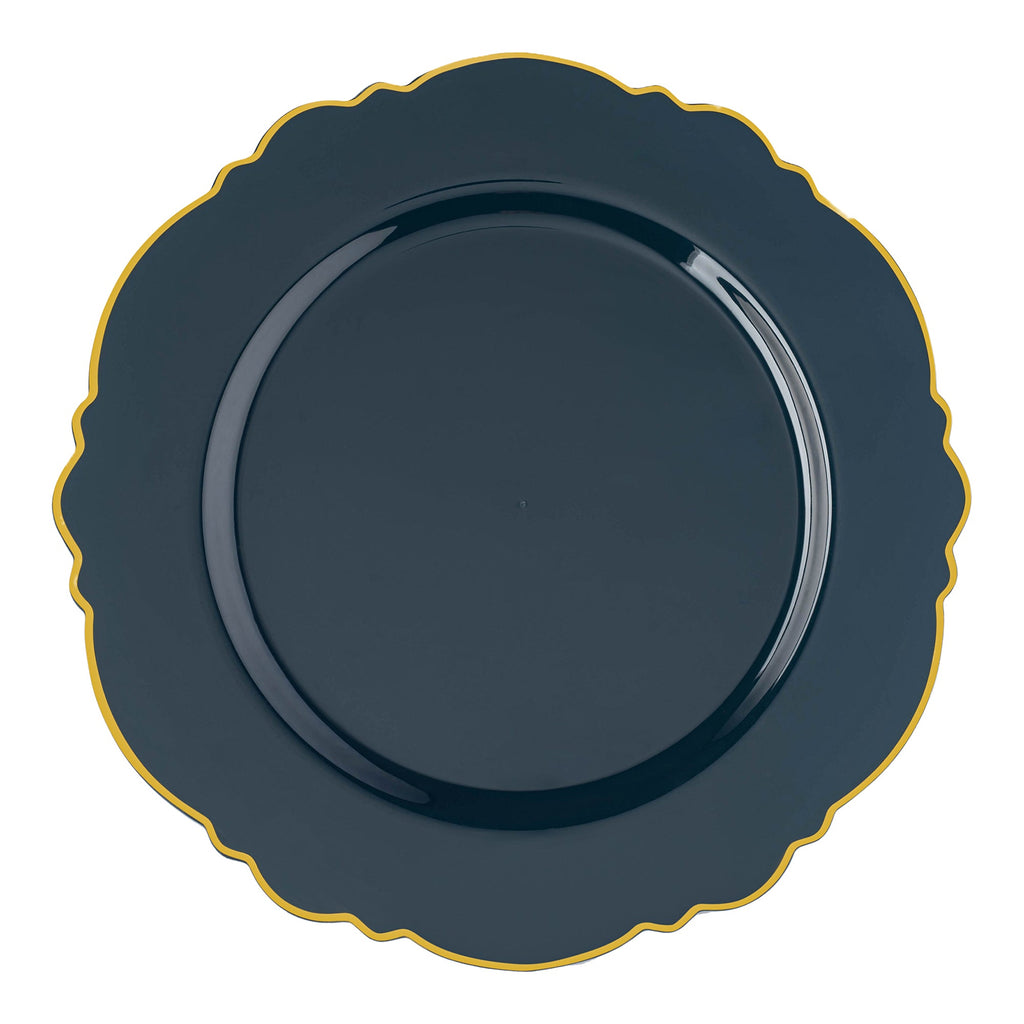 Navy with Gold Rim Round Blossom Disposable Plastic Dinner Plates (10.25")