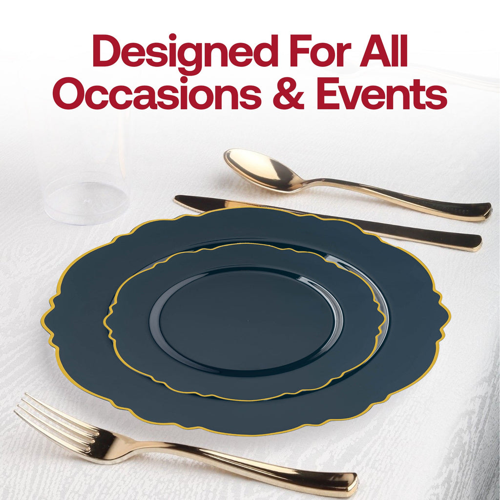 Navy with Gold Rim Round Blossom Disposable Plastic Appetizer/Salad Plates (7.5")