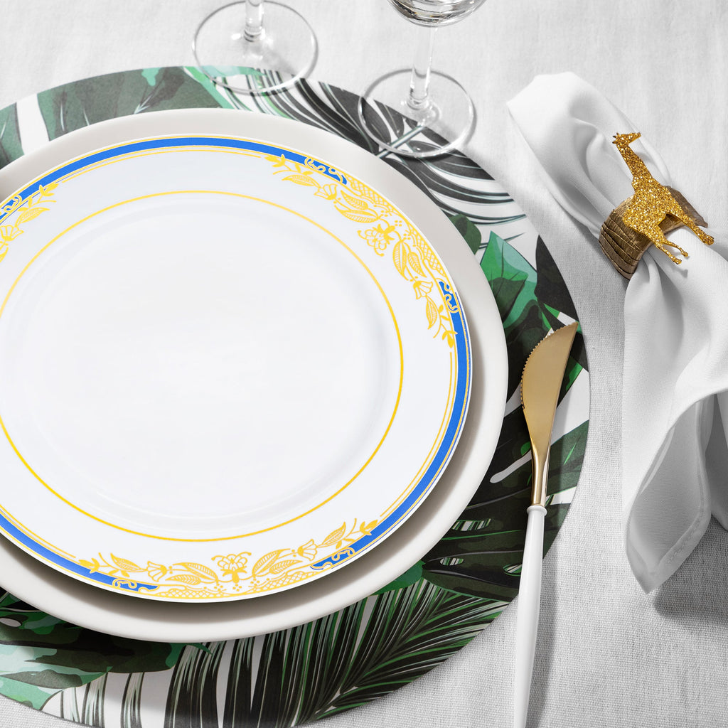 White with Blue and Gold Harmony Rim Plastic Appetizer/Salad Plates (7.5")