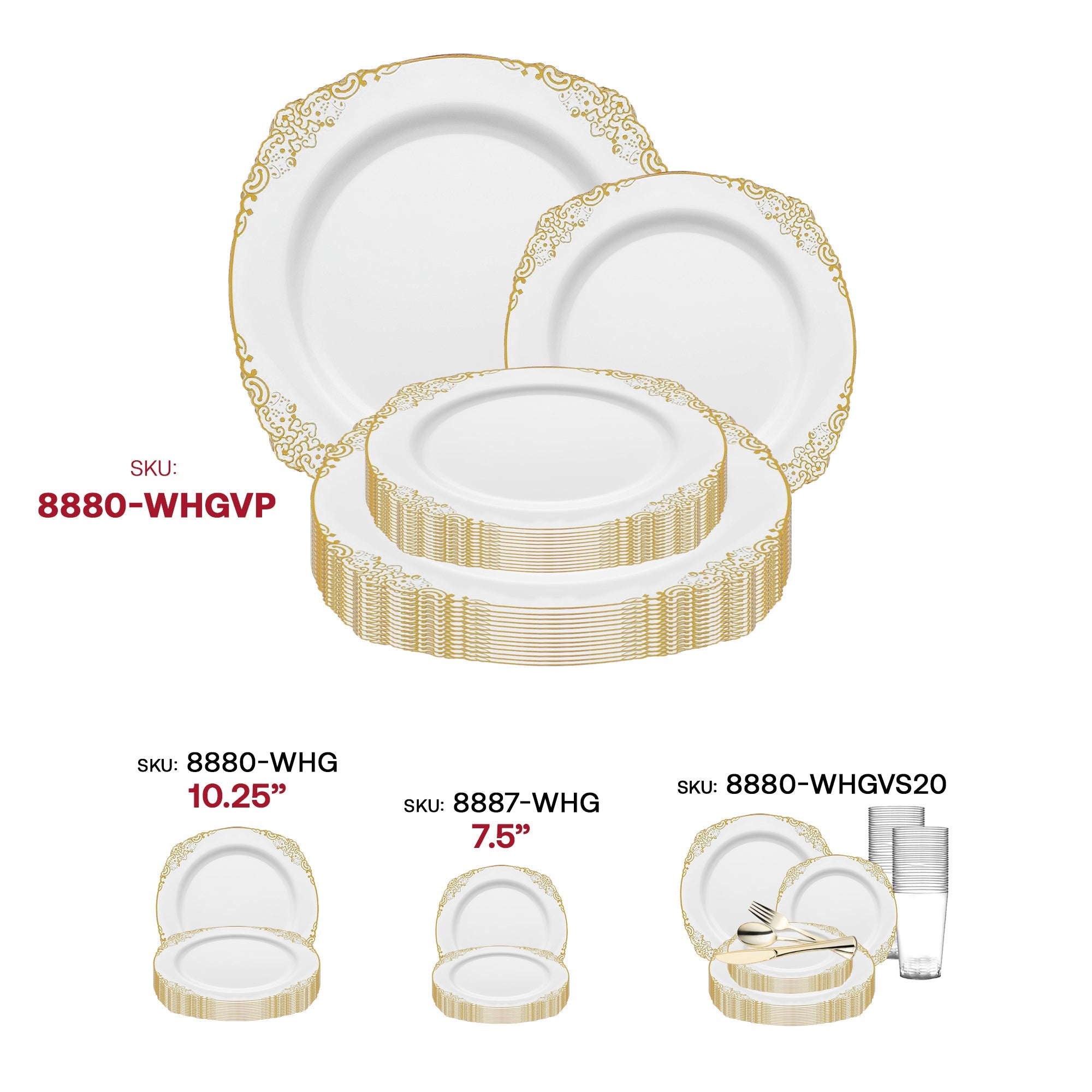 White with Gold Fancy Round Disposable Plastic Dinnerware Value Set