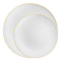 White Plastic Plates with Gold Rim - Organic Round Disposable Plastic Dinnerware Value Set