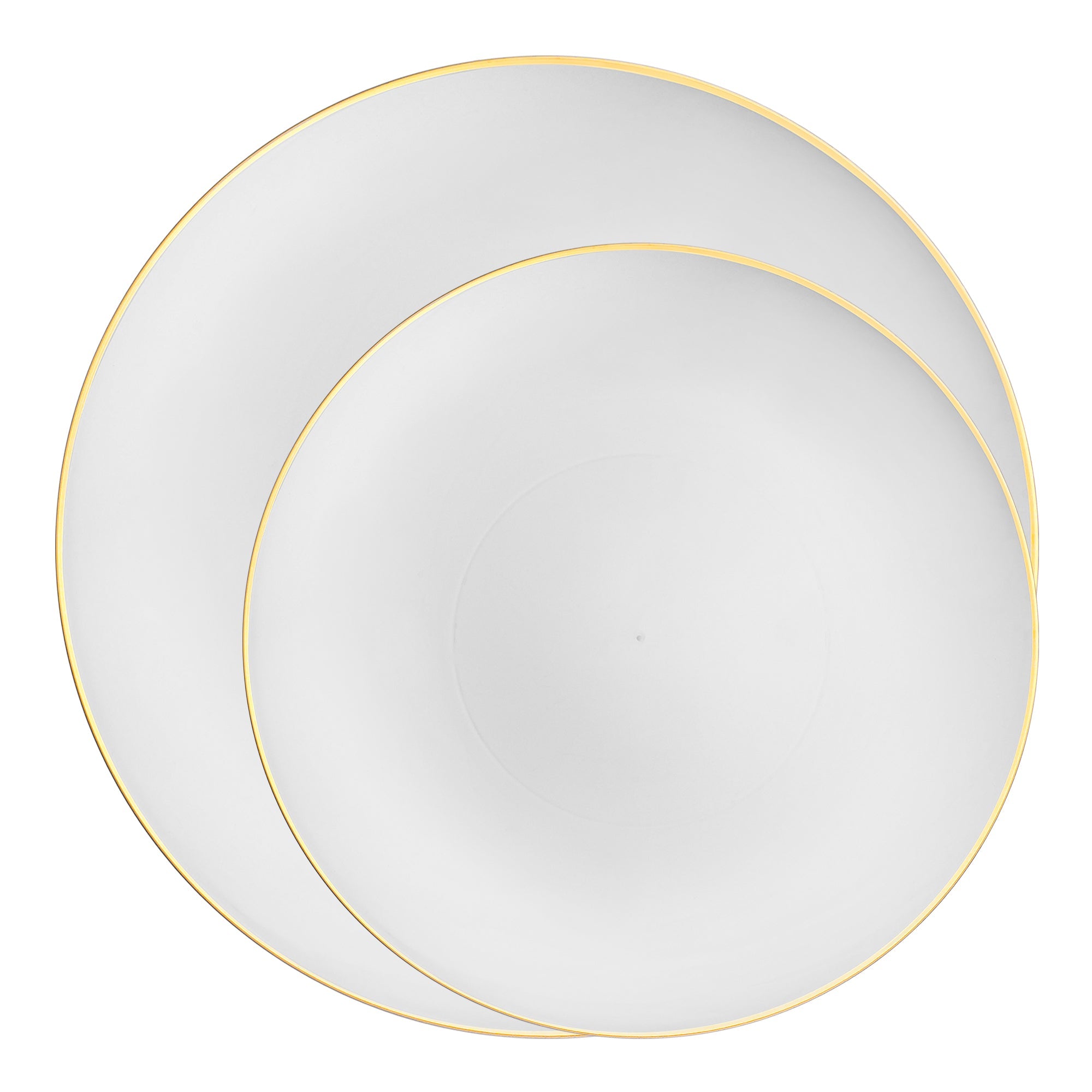 White Plastic Plates with Gold Rim - Organic Round Disposable Plastic Dinnerware Value Set