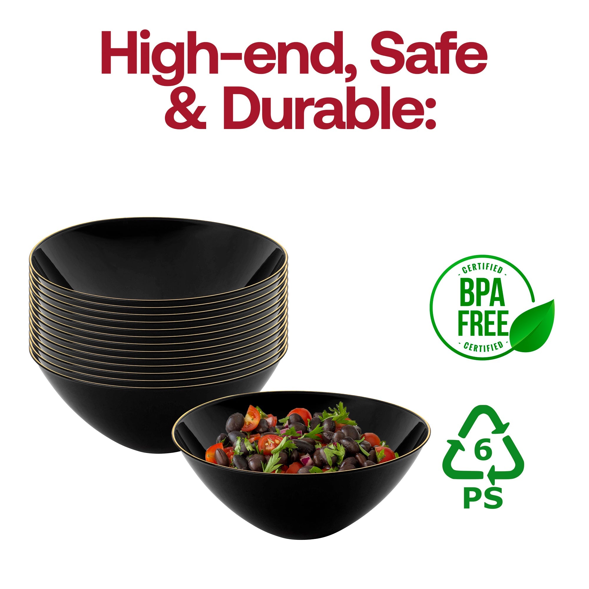 Black with Gold Rim Organic Round Disposable Plastic Bowls (32 oz.)