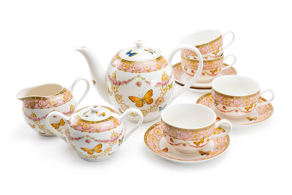 Butterflies with Pink Ornament Fine Porcelain 11-Piece Tea Set