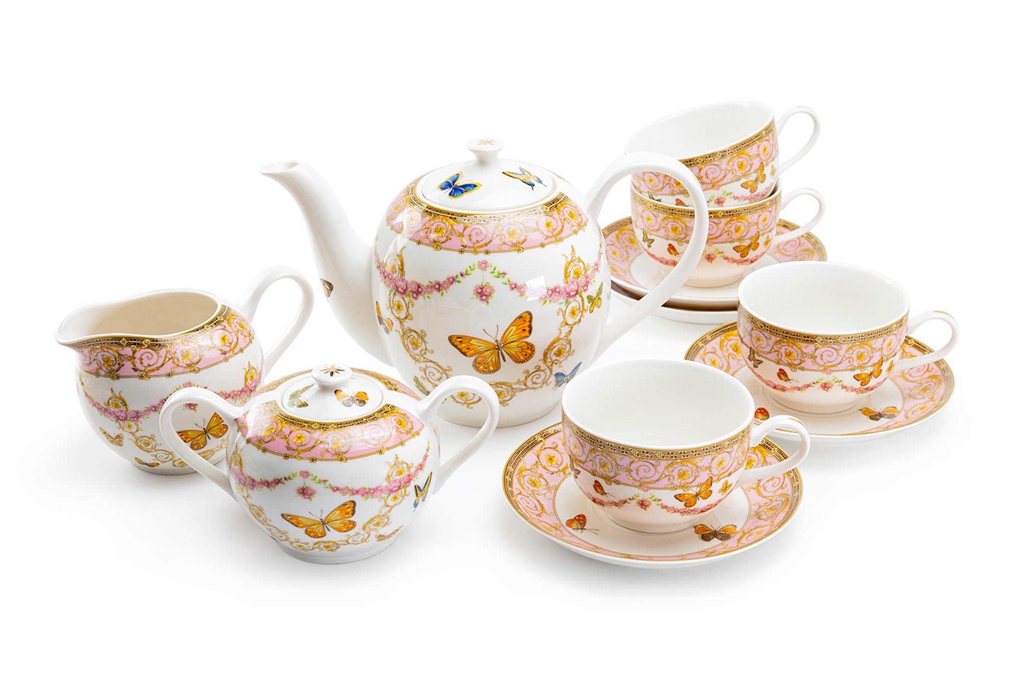 Butterflies with Pink Ornament Fine Porcelain 11-Piece Tea Set