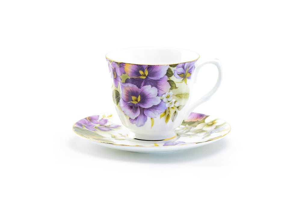 Purple Pansy Bone China Tea Cup and Saucer