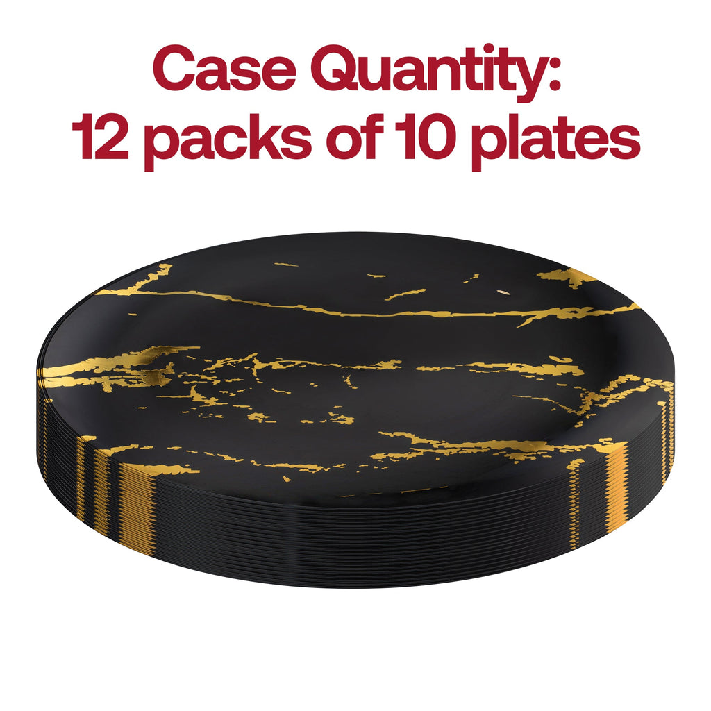 Black with Gold Marble Stroke Round Disposable Plastic Dinner Plates (10.25")